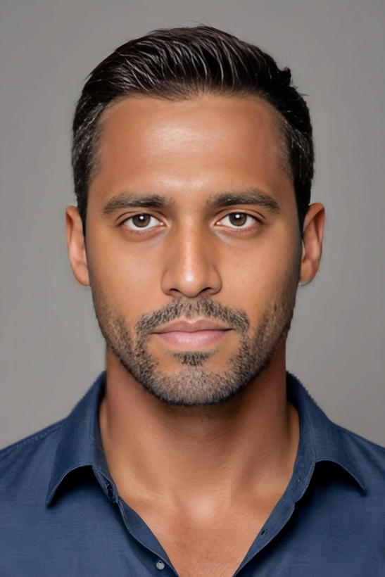 a close up of a person in a blue shirt